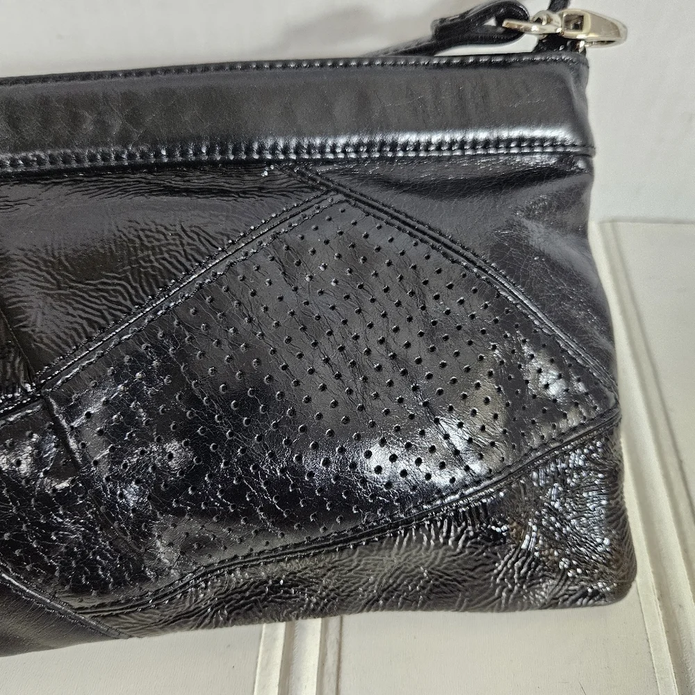 Vintage HOBO International OS Patchwork Leather Baguette Shoulder Bag Boho Black
